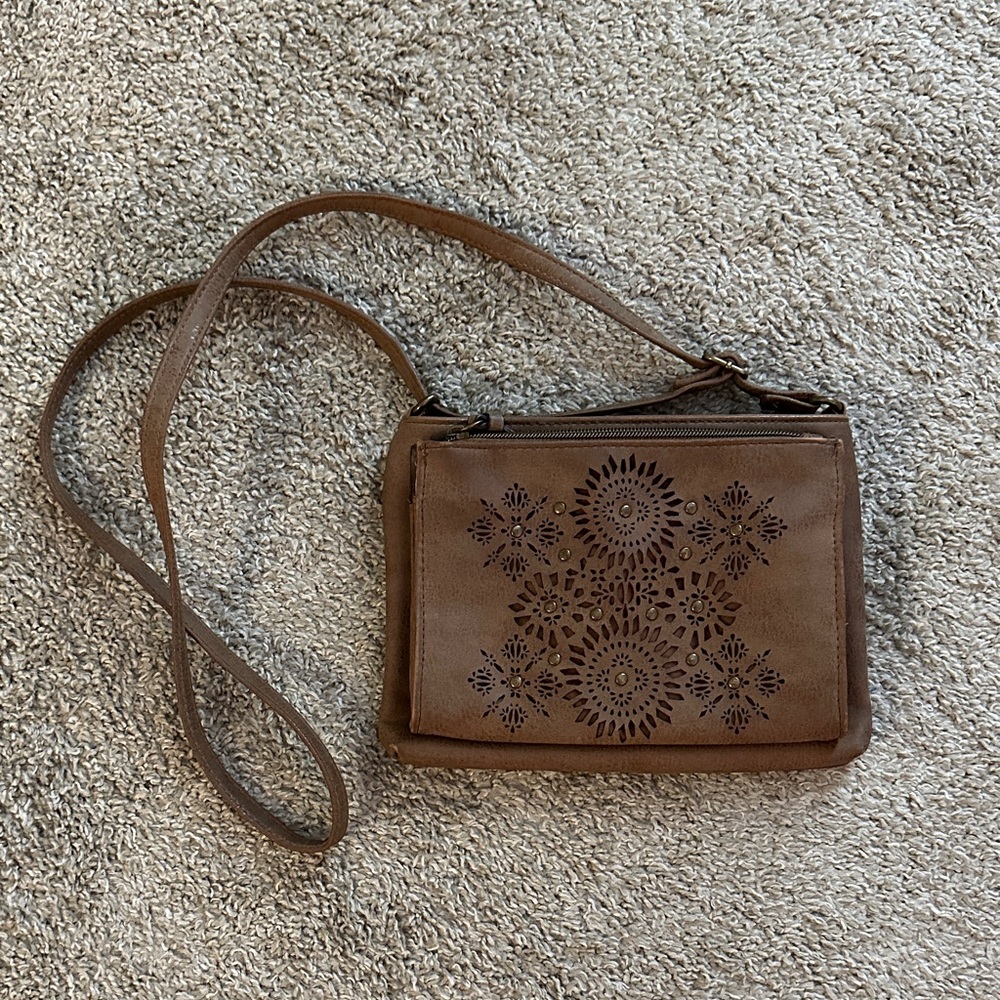 Brown Floral Cutout Crossbody Bag